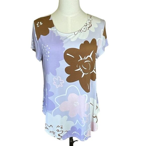 Alfani Tops - Alfani Womens Size Large Pullover Top Blue Brown Floral Print Short Sleeve
